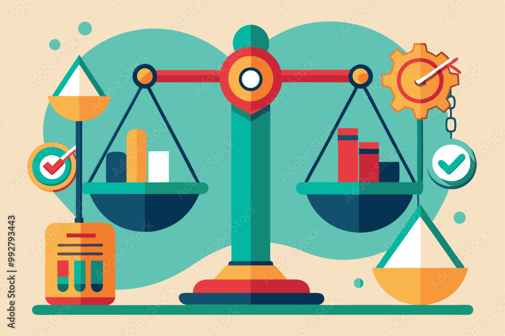 Poster a colorful abstract illustration features a scale balancing various items symbolizing data analysis 