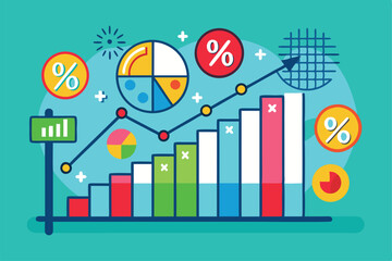 A vibrant illustration displays a growth chart with colorful bars and various data visualizations illustrating trends, Customizable illustration with disproportionate pricing.