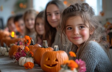 Children carving pumpkins at a table, parents watching with smiles, filled with joy
