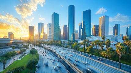 Fototapeta premium Los Angeles Skyline with Freeway Traffic at Sunset