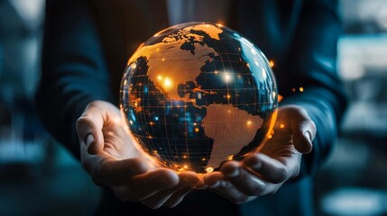 Fototapeta premium Global business network fosters economic growth through tailored strategies, digital marketing, financial data analysis, technology safeguarding, and seamless data connectivity.