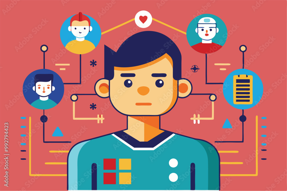 Poster a character stands in the center while various icons of people and elements illustrate connection an