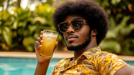 Young african american man drinking a glass of cocktails at the pool.