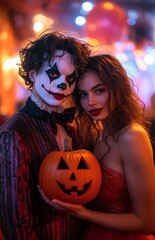 Fototapeta premium A young man in a clown costume and a woman in red dress holding pumpkin at Halloween party