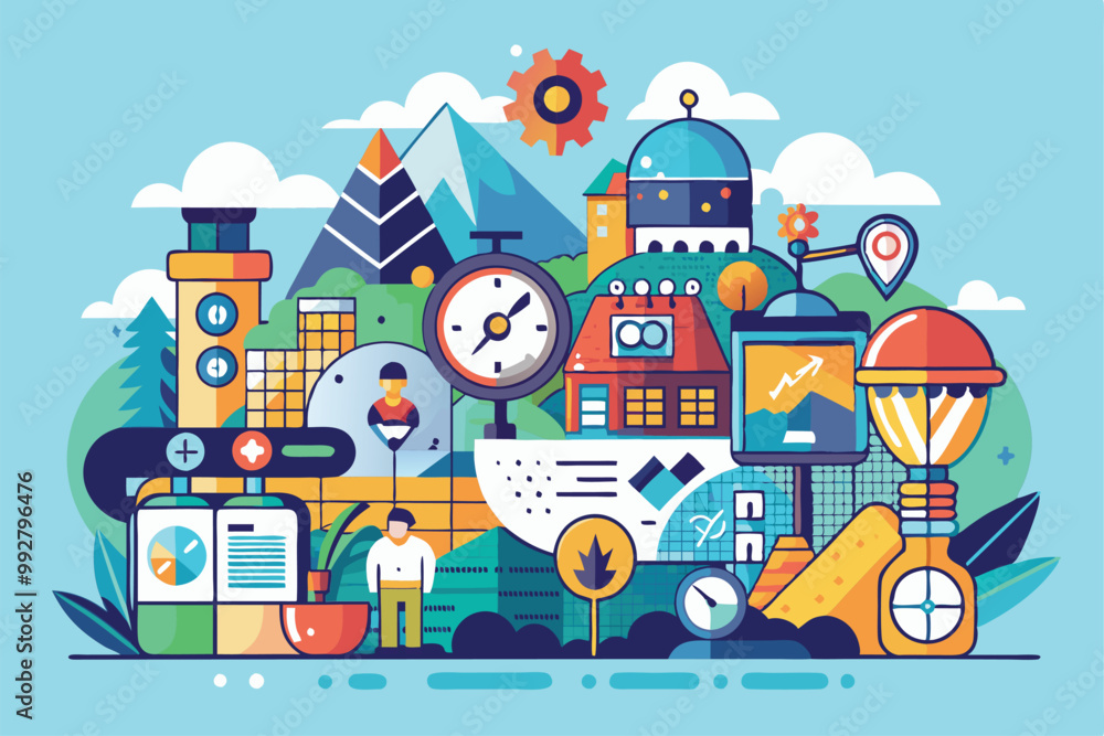 Poster colorful design illustrating customizable elements that enhance productivity and save valuable time,