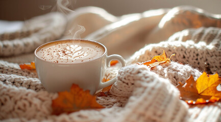 Steaming cappuccino, cozy autumn leaves blanket