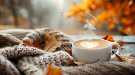 Steaming cappuccino, cozy autumn leaves blanket