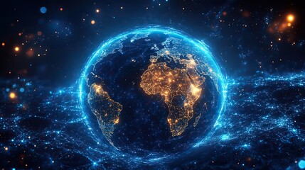 Obraz premium A digital data globe illustrates the complexity of scientific technology surrounding Earth, emphasizing connectivity and data flow.