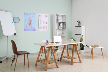 Workplace of osteopath with laptop in rehabilitation center