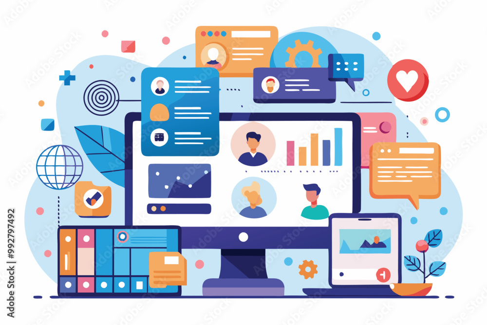 Poster a vibrant illustration featuring a customizable intranet interface with user profiles, graphs, and c