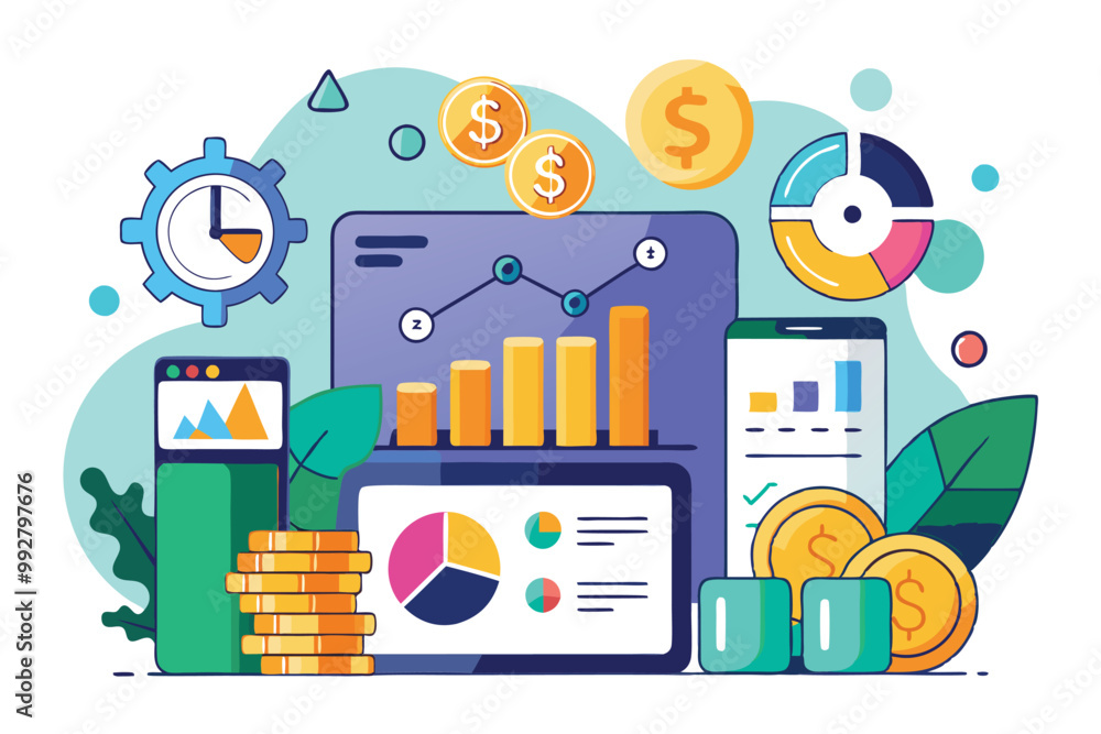 Poster a colorful illustration displaying customizable investment data with charts and financial icons, cus