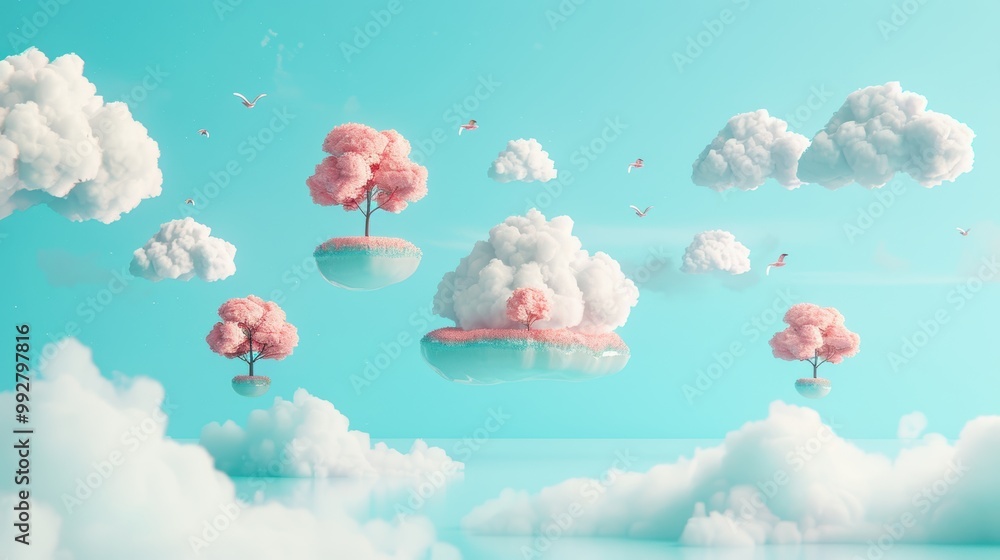 Poster create a surreal vision of cloud computing with floating data storage islands in a dreamlike sky.