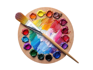 A vibrant painter's palette filled with colorful paint wells and a brush, showcasing a spectrum of hues for creative expression.