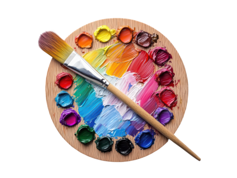 A vibrant painter's palette filled with colorful paint wells and a brush, showcasing a spectrum of hues for creative expression.