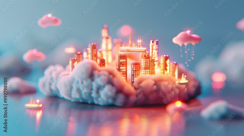 Poster explore surreal business solutions with cloud computing, featuring floating office buildings interco