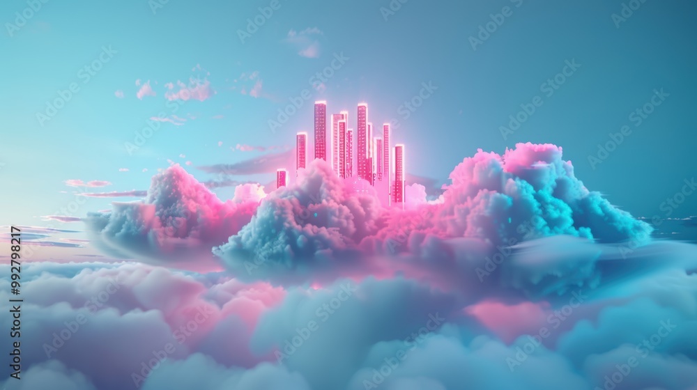 Poster explore surreal data centers in the clouds, with servers appearing as floating islands of glowing te