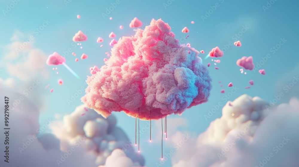 Poster capture the essence of cloud computing with surreal compositions where cloud icons transform into fa