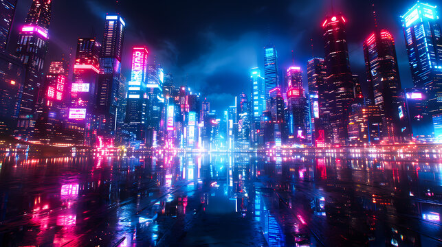 Beautiful neon night in a cyberpunk city. Illustration of the futuristic city skyscraper