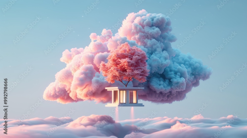 Poster discover the artistry of cloud computing through surreal remote work setups, visualized as luminous,