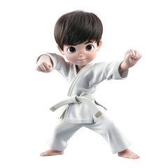 A young boy in a white karate gi with a white belt stands in a fighting pose with his fists raised.