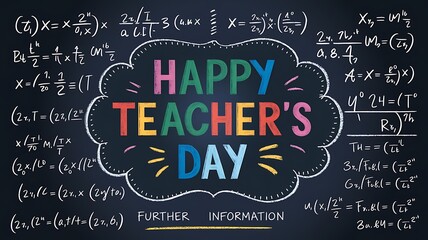 A chalkboard with colorful chalk lettering that reads "Happy Teacher's Day" surrounded by mathematical equations.