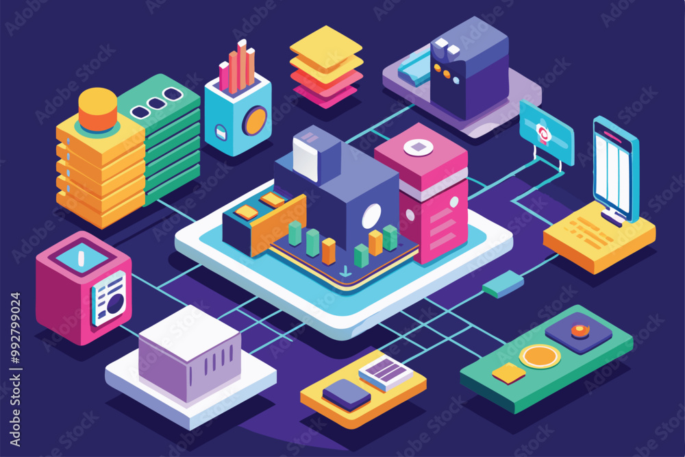 Poster this illustration features a stylized representation of tech elements interconnected by data streams