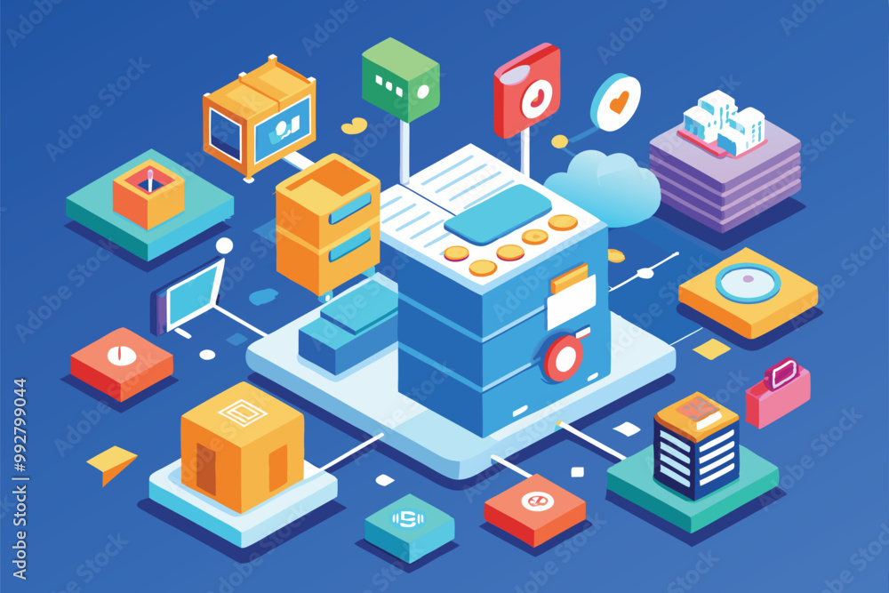 Poster a vibrant digital workspace showcases devices connected through data streams in an isometric design,