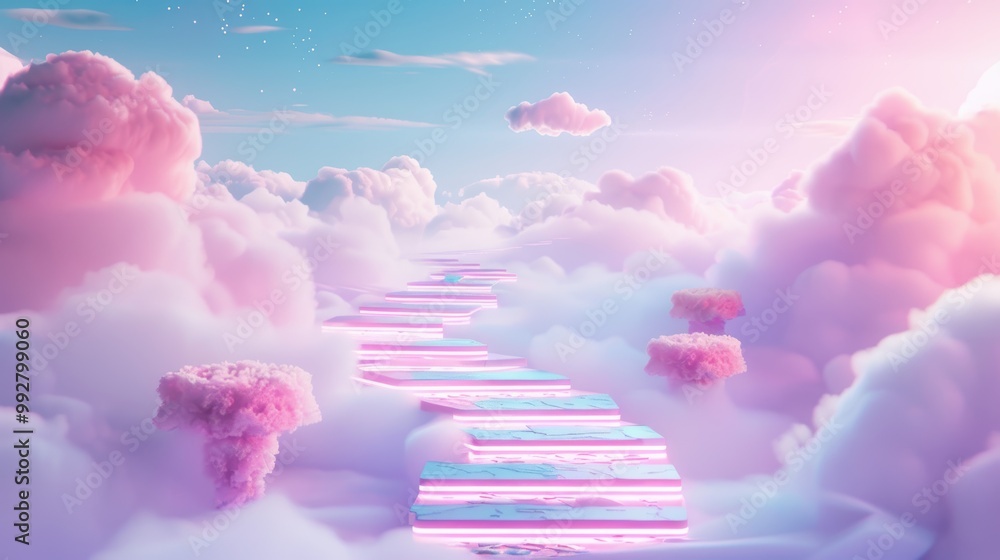 Poster explore surreal hybrid and multi-cloud environments with floating cloud platforms interconnected by 