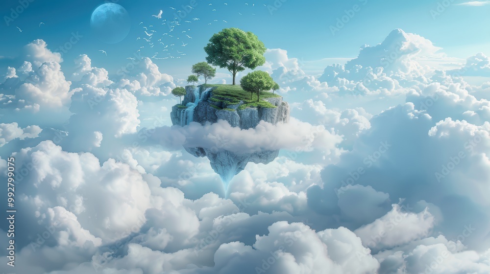 Poster capture the essence of cloud computing in a surreal landscape where hybrid clouds merge and interact