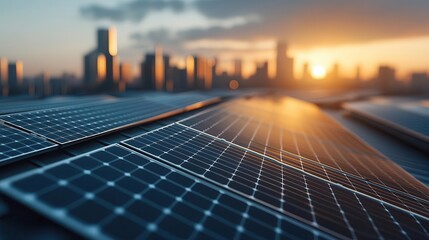 Futuristic cityscape powered by a solar grid, with panels on every rooftop and smart energy lines connecting all buildings