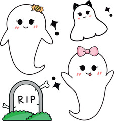 Cute Ghost Ribbon Cat Ears Halloween Illustration