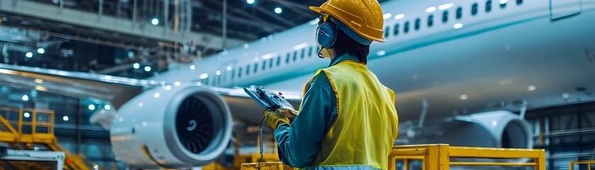 Fototapeta premium Aircraft Wing Structure Integrity Inspection with Ultrasonic Testing by Aerospace Worker