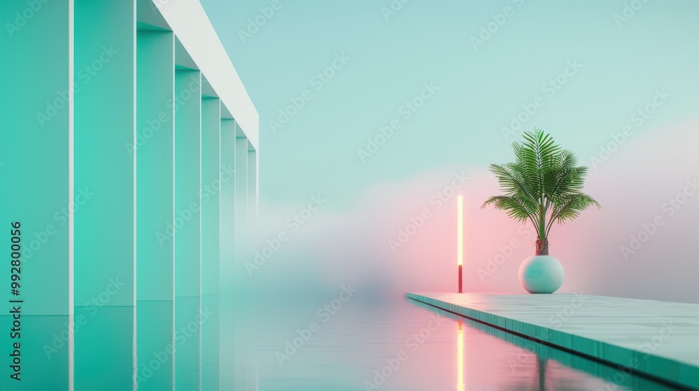 Poster capture the essence of data centers in a surreal landscape where information flows through misty, in