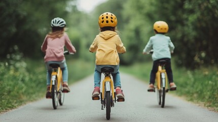 Fototapeta premium Children riding bicycles on a path in the forest