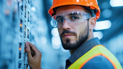 Electrician in a high-visibility vest and orange safety helmet