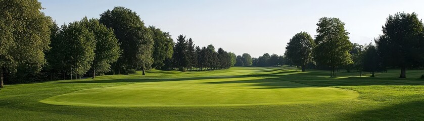 A serene view of a beautifully maintained golf course with lush green fairways and surrounding trees under a clear sky