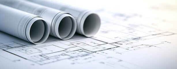Rolled Architectural Blueprints on Floor Plan