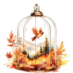 Watercolor Illustration of a Bird in a Glass Cage with Autumn Forest and Mountains Inside.