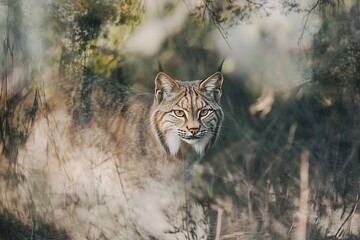 Fototapeta premium Lynx in the Woods - A Close-Up of a Wildcat Peeking Through the Trees.