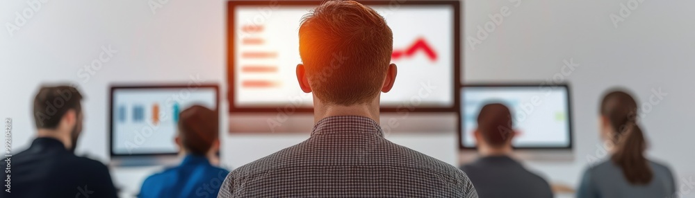 Poster person observing data presentation on computer screens.