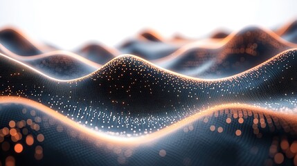 A digital wave with dots and lines on a white background symbolizes the concept of big data and technology in a 3D rendering.