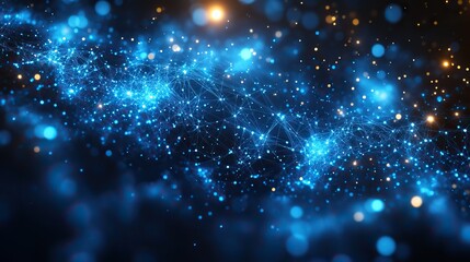 Fototapeta premium A digital wireframe of plexus polygons against a blue gradient, representing big data and technology concepts in a futuristic banner.