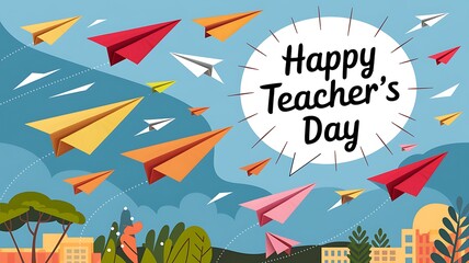 Colorful paper airplanes soar through the sky above a cityscape with "Happy Teacher's Day" text in a speech bubble, celebrating educators.