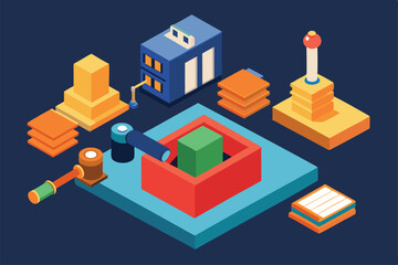 A colorful isometric illustration showcases an auction theme with gavel, podium, and stacked items, Customizable isometric illustration for auction.