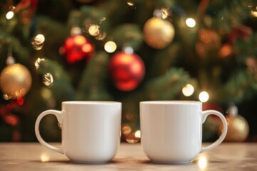 Pair of White Mugs Mockup with Christmas Tree and Ornaments Background
