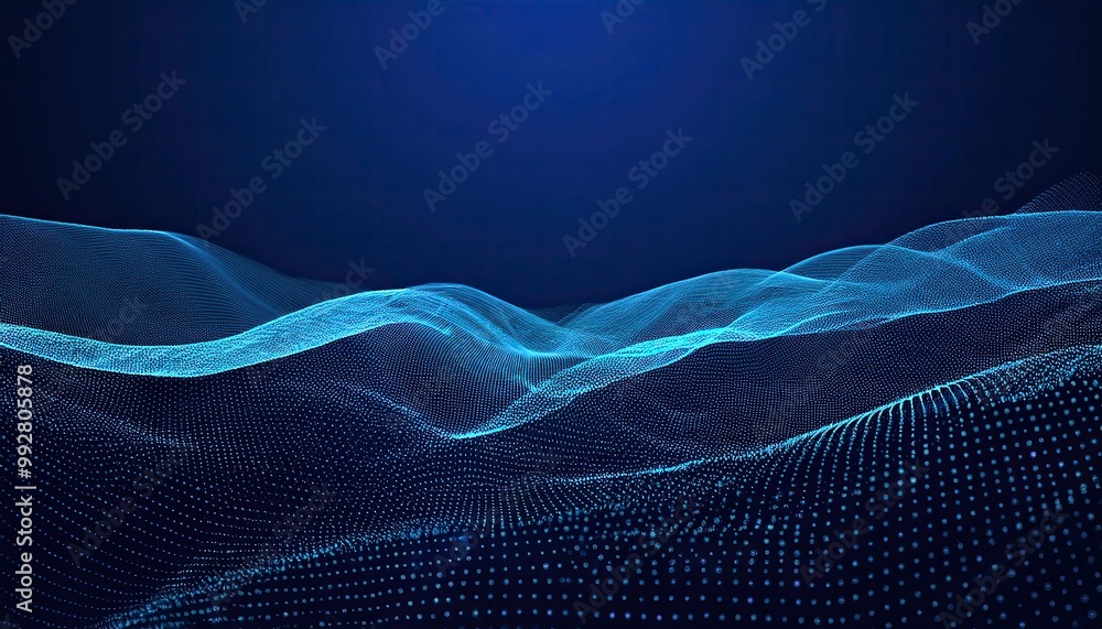Poster particle wave of abstract gradient hologram in motion. background technology of digital wallpaper