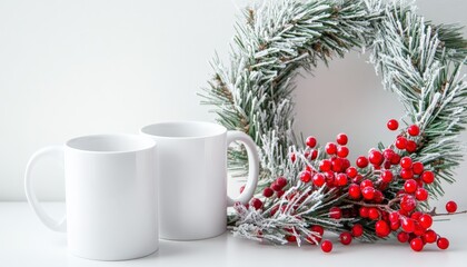Festive Christmas Mug Mockup with Wreath and Red Berries in White Minimalist Setting