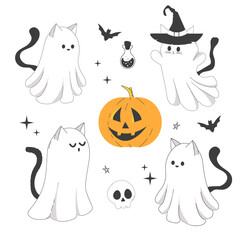 Set Halloween ghost cats with witch hat, cute doodle characters in costumes cute spooky decoration, line. Bat, stars, moon elements. Animal with black tail. 