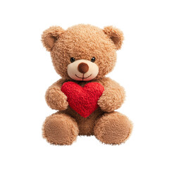 Cute Brown Teddy Bear Holding a Red Heart Plush Toy Isolated on Transparent Background