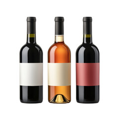 Three Bottles of Wine with Blank Labels on a Transparent Background - Red, White, and Rose Wine